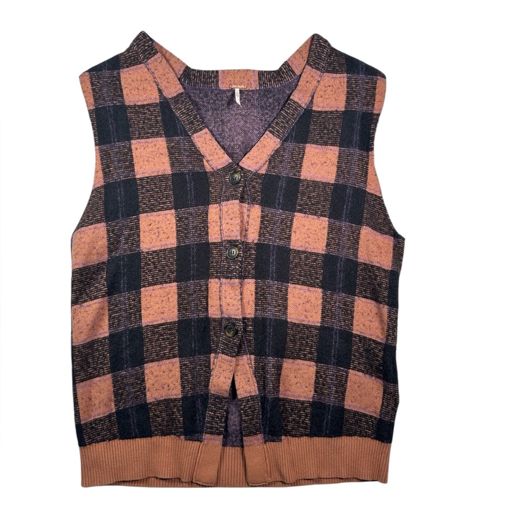 Free People Brown Black Sweater Vest Button Up Knit Women’s Size XL